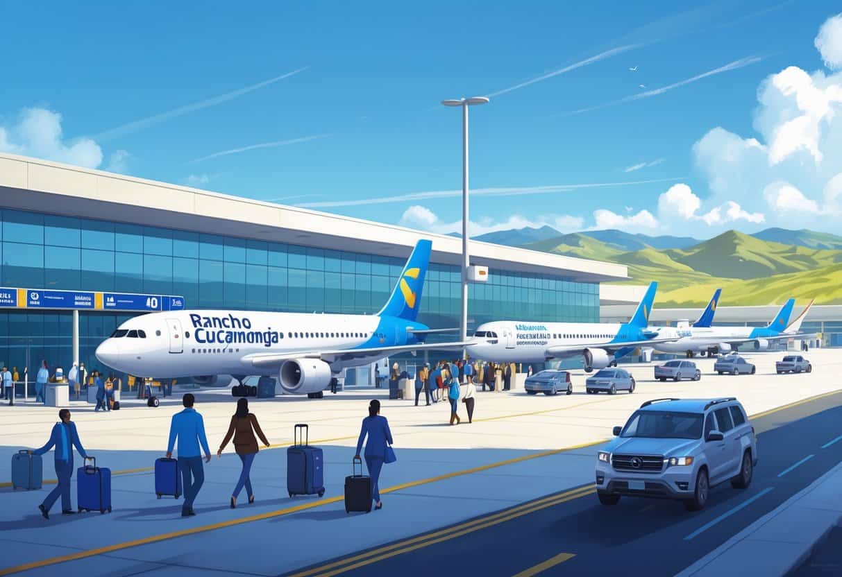 An airport terminal with airplanes parked at gates, passengers walking with luggage, and staff assisting travelers under a clear sky with hills in the background.