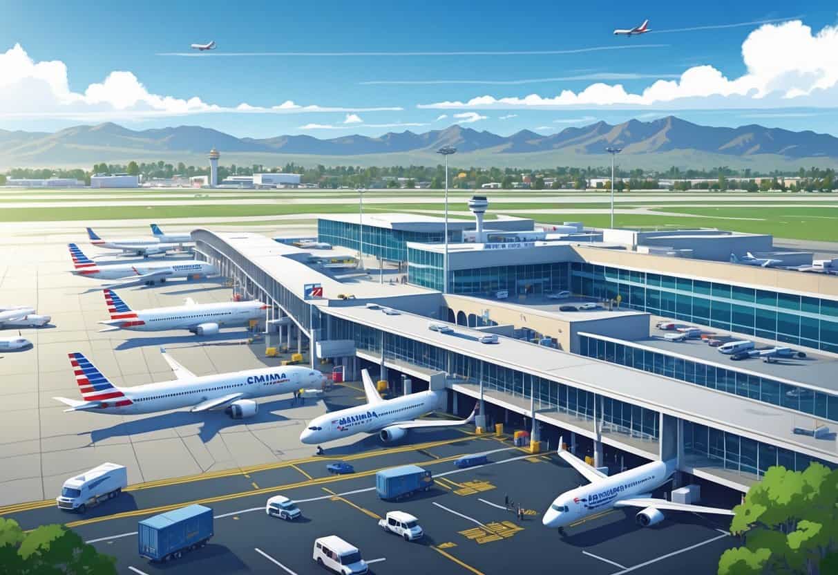 A modern airport near Rancho Cucamonga with airplanes from major airlines parked at gates, runways with planes taking off and landing, and travelers near the terminal, set against a city and mountain background.