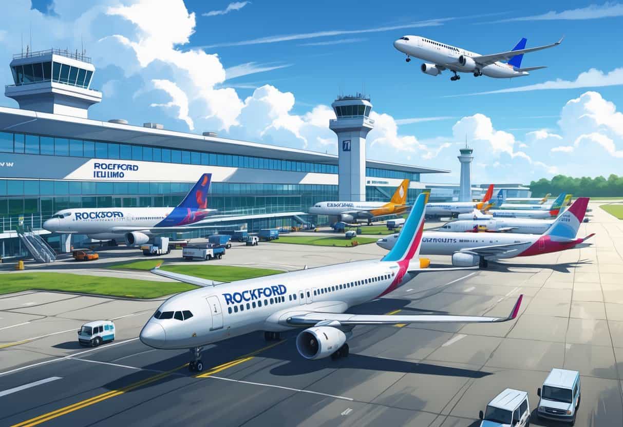 An airport terminal with several airplanes from different airlines on the tarmac at Rockford Illinois Airport under a bright sky.