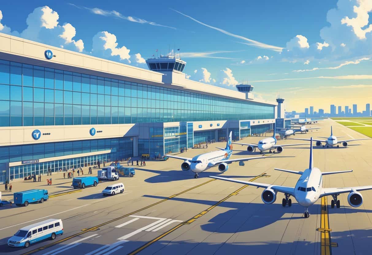 A busy airport terminal with airplanes from various airlines parked at gates and taxiing, airport staff and travelers moving around, and a city skyline in the background under a clear sky.