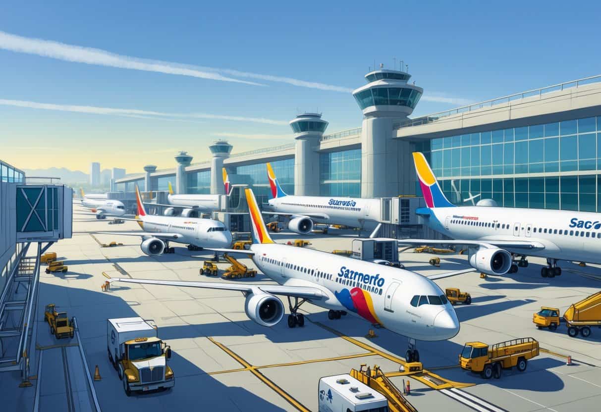 A busy airport scene at Sacramento California with several airplanes on the tarmac near the terminal and airport staff working around them.