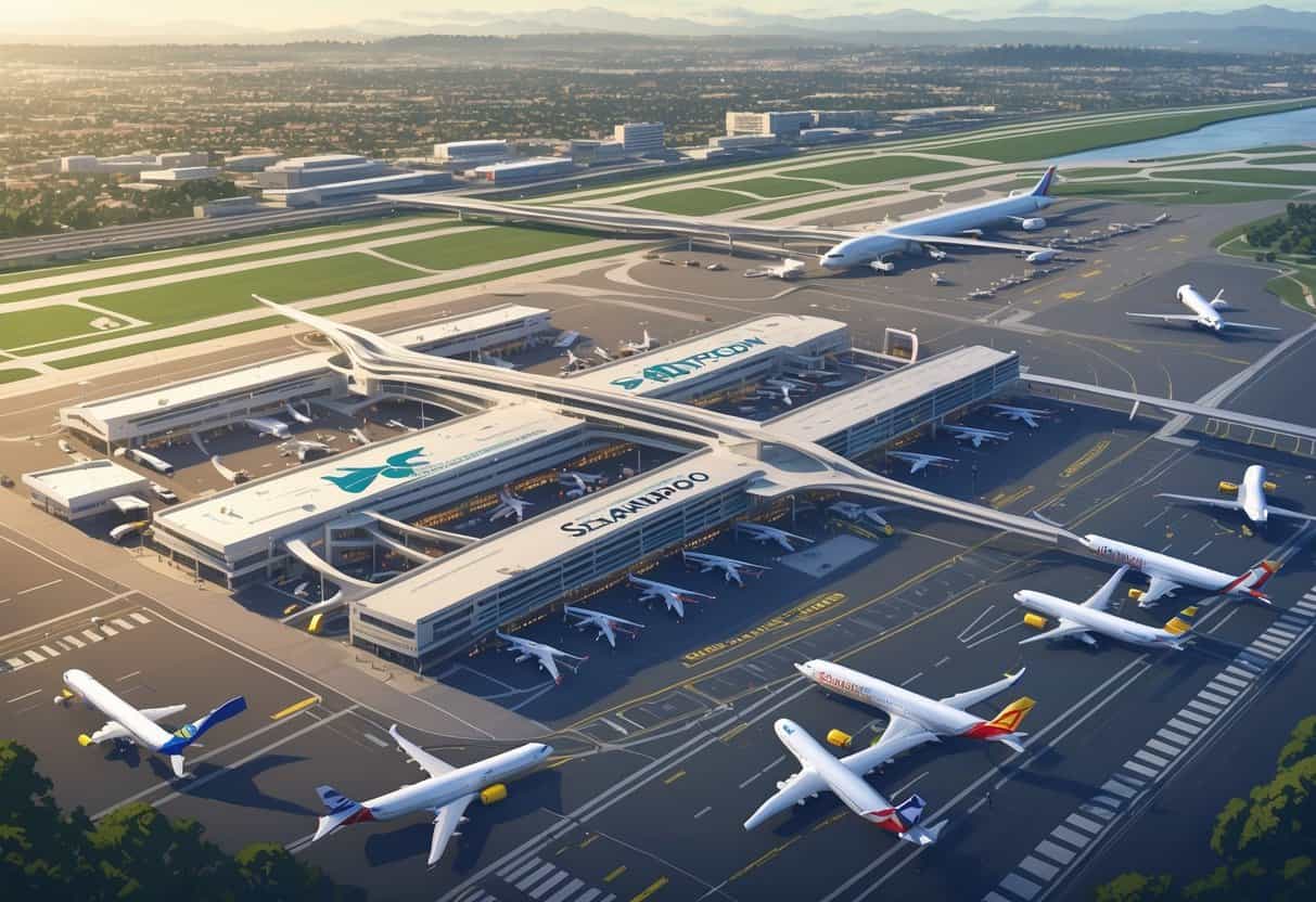 Aerial view of Sacramento International Airport with airplanes at gates and runways, surrounded by the city and greenery.