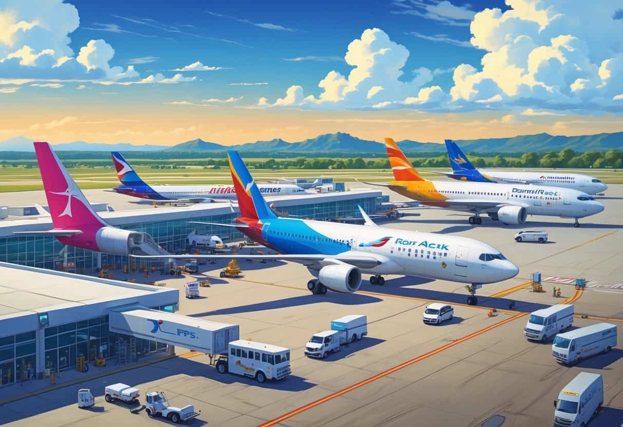 An airport scene showing airplanes from various airlines parked and taxiing at Round Rock Texas Airport with surrounding hills and a clear sky.