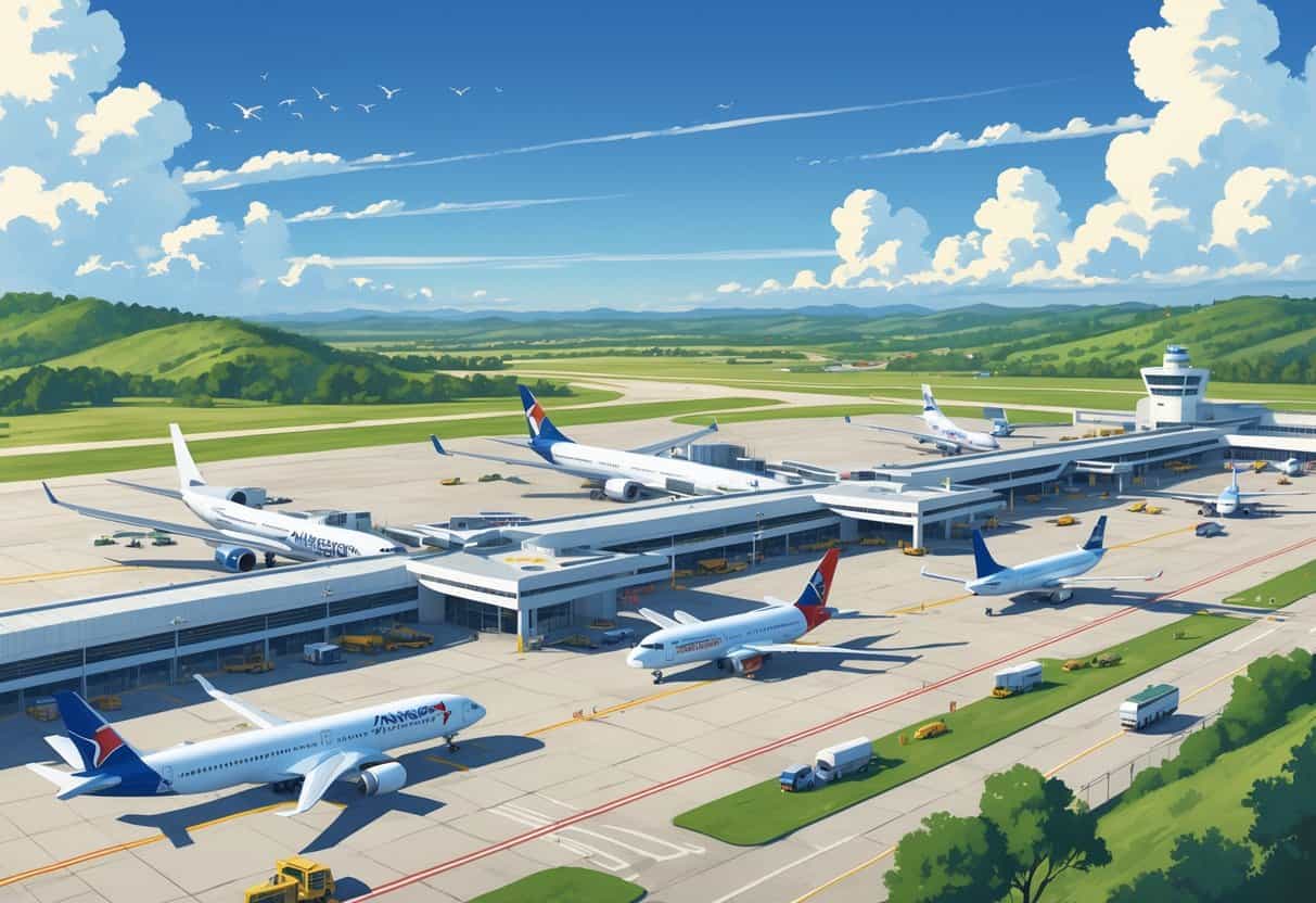 A regional airport with several airplanes at gates and taxiways, surrounded by green hills and clear skies.