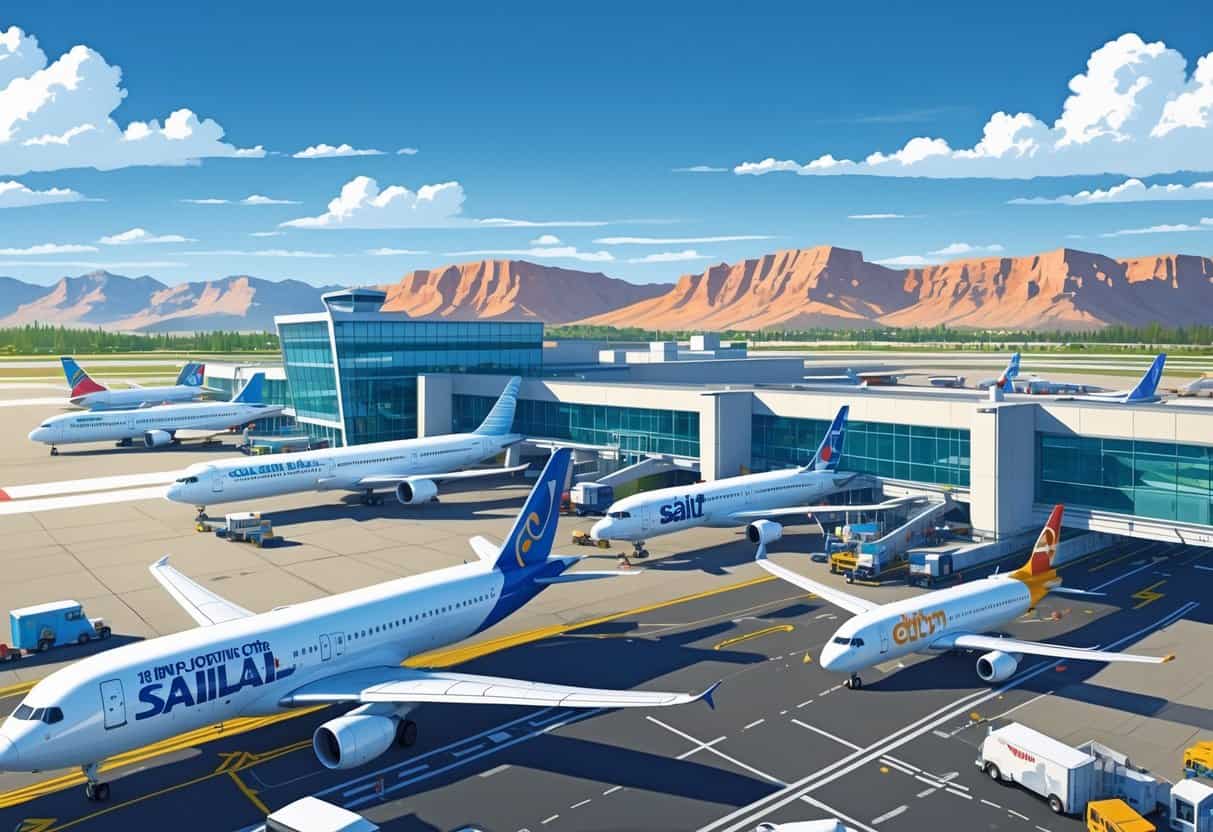 A busy airport scene showing airplanes parked at gates and taxiing on the runway with mountains in the background.
