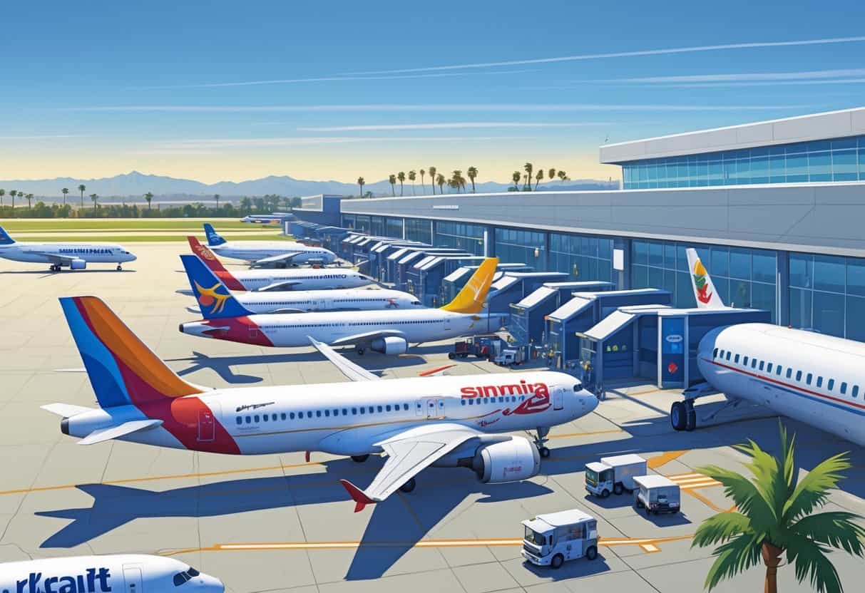 An airport terminal with multiple airplanes from different airlines parked at gates, surrounded by ground service vehicles and a clear sky with mountains and palm trees in the background.