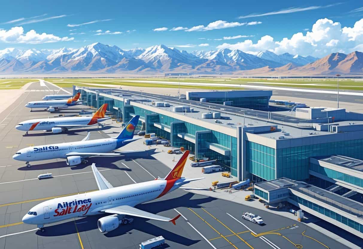 Aerial view of Salt Lake City Airport with several commercial airplanes at gates and taxiing, mountains in the background, and airport activity on a clear day.