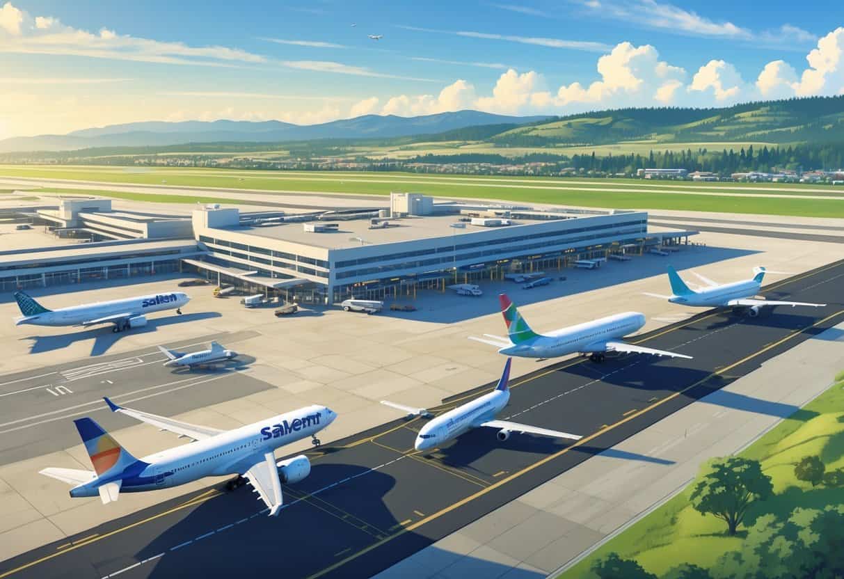 A daytime view of Salem Oregon Airport showing airplanes from different airlines parked at gates and taxiing on the runway with hills and greenery in the background.