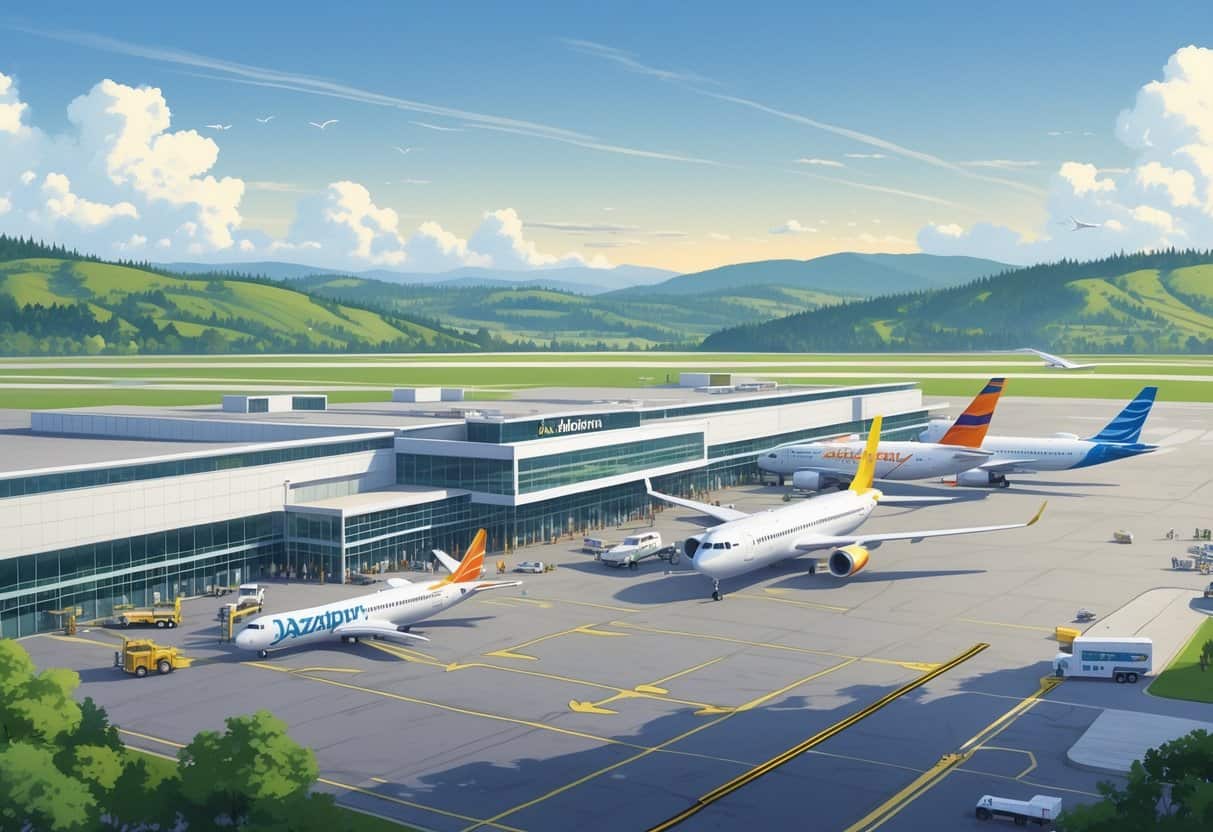 An airport terminal with several airplanes from different airlines parked on the tarmac, surrounded by greenery and hills under a clear sky.