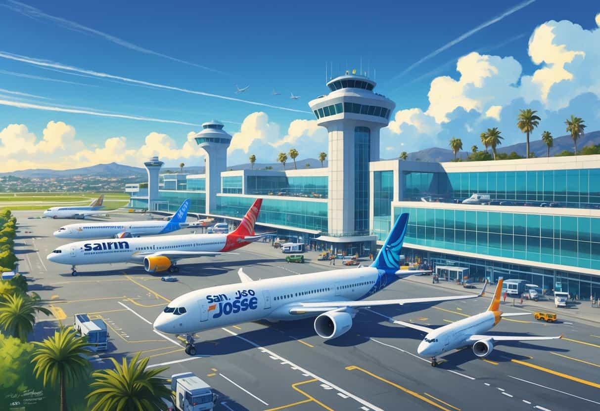 Airplanes from major airlines at San Jose California Airport with the terminal, passengers, and city skyline in the background on a clear day.