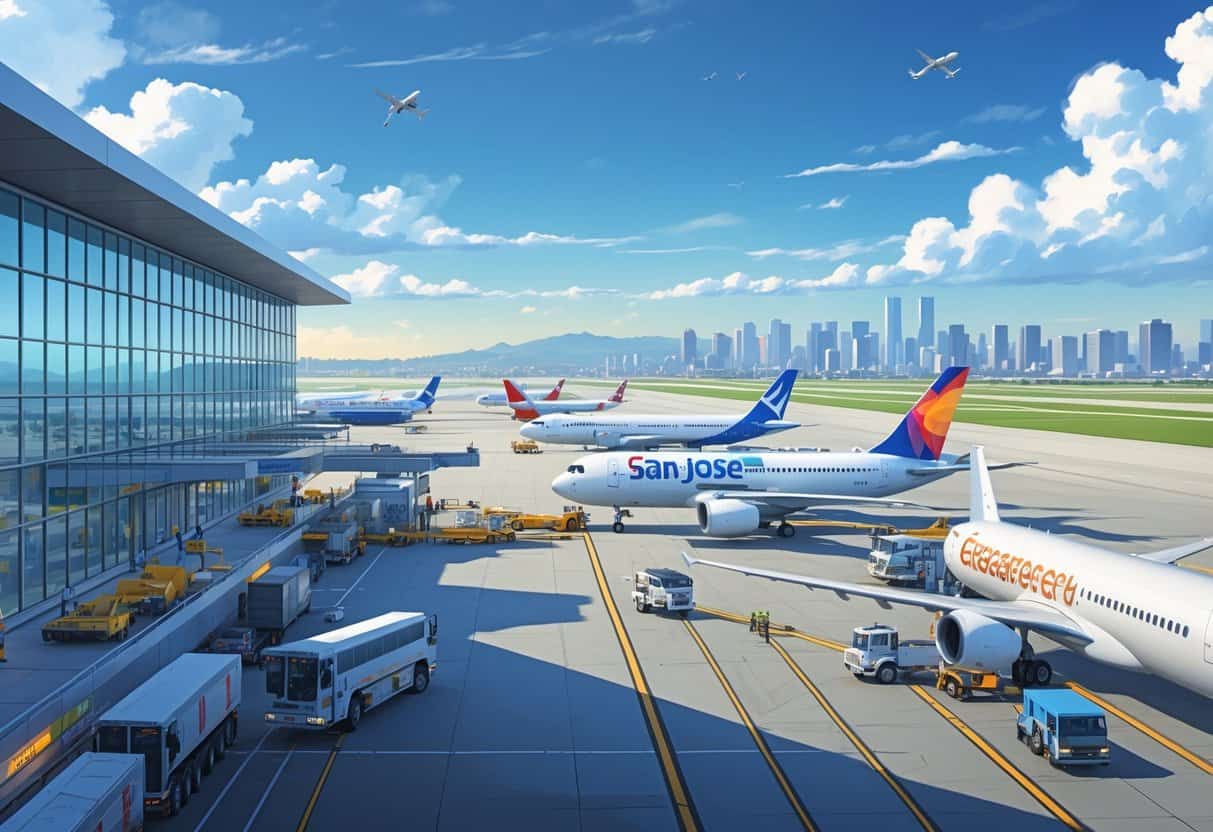 A busy airport scene at San Jose California Airport showing several airplanes from different airlines on the tarmac near a modern terminal building with the city skyline in the background.