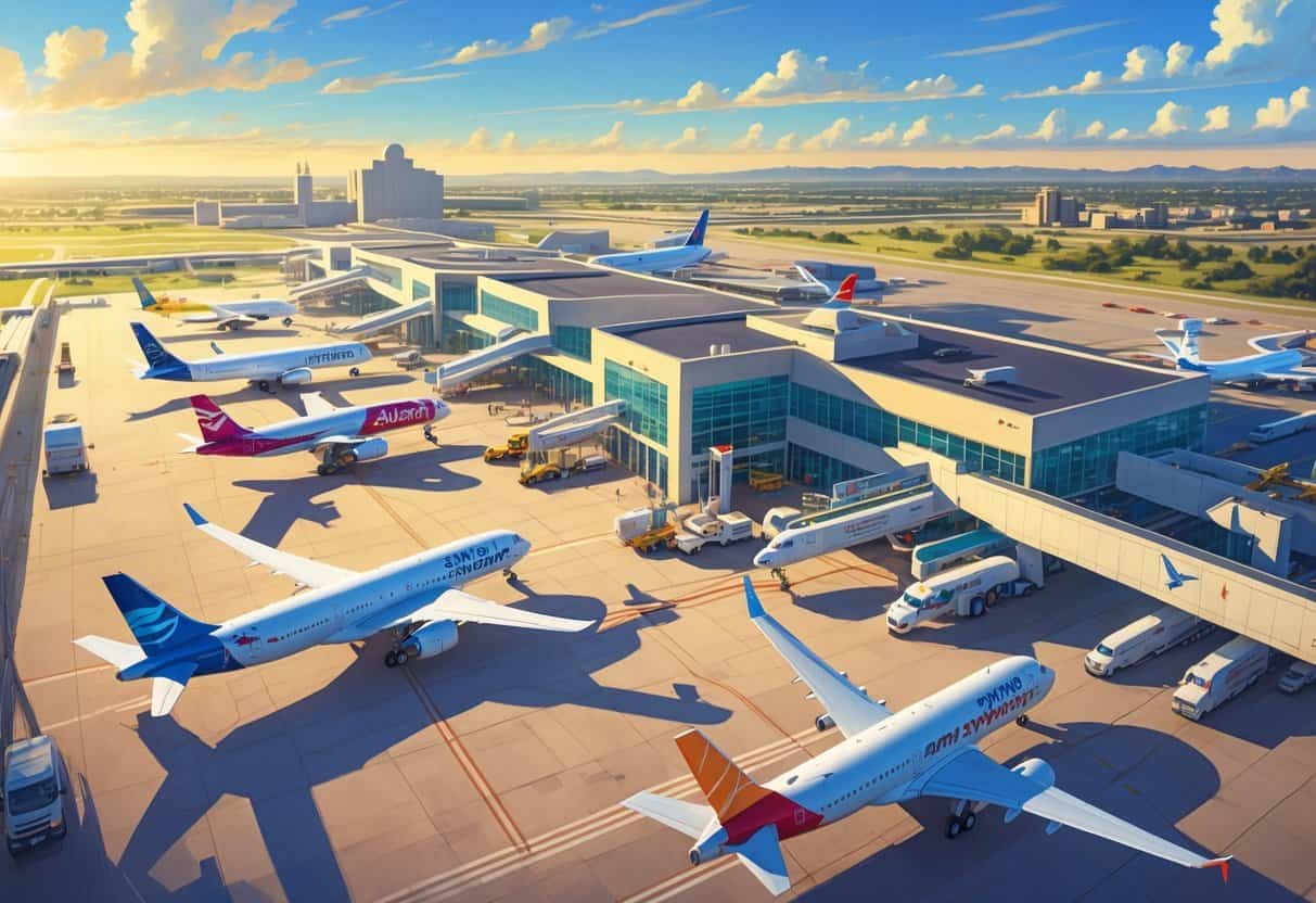 Aerial view of San Antonio Texas Airport with multiple commercial airplanes on runways and gates, surrounded by Texas landmarks and landscape.