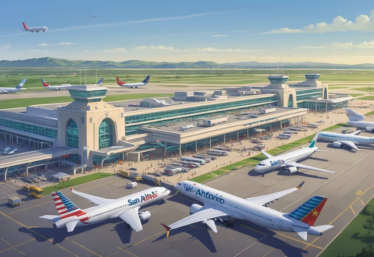 San Antonio International Airport with airplanes from various airlines parked and taxiing near the terminal, showing airport activity and surrounding Texas landscape.