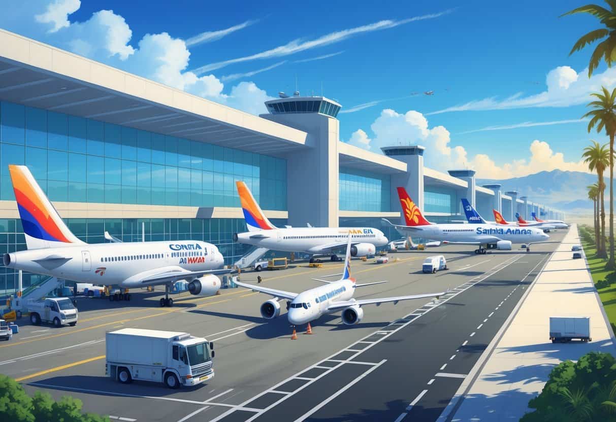 Airport terminal at Santa Ana California with multiple airplanes from various airlines on the runway and taxiways, surrounded by palm trees and distant mountains under a blue sky.