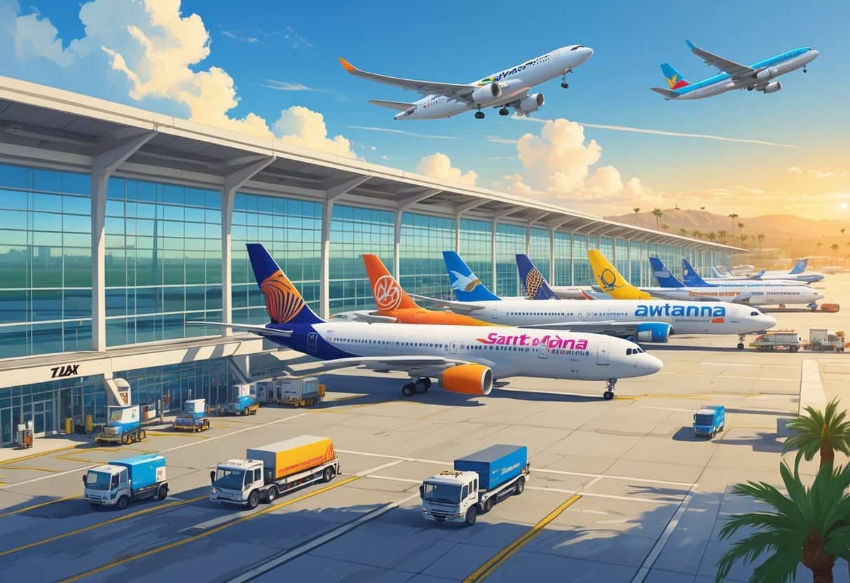 A busy airport scene at Santa Ana John Wayne Airport with airplanes from various airlines parked near the terminal and ground vehicles servicing them under a clear sky.