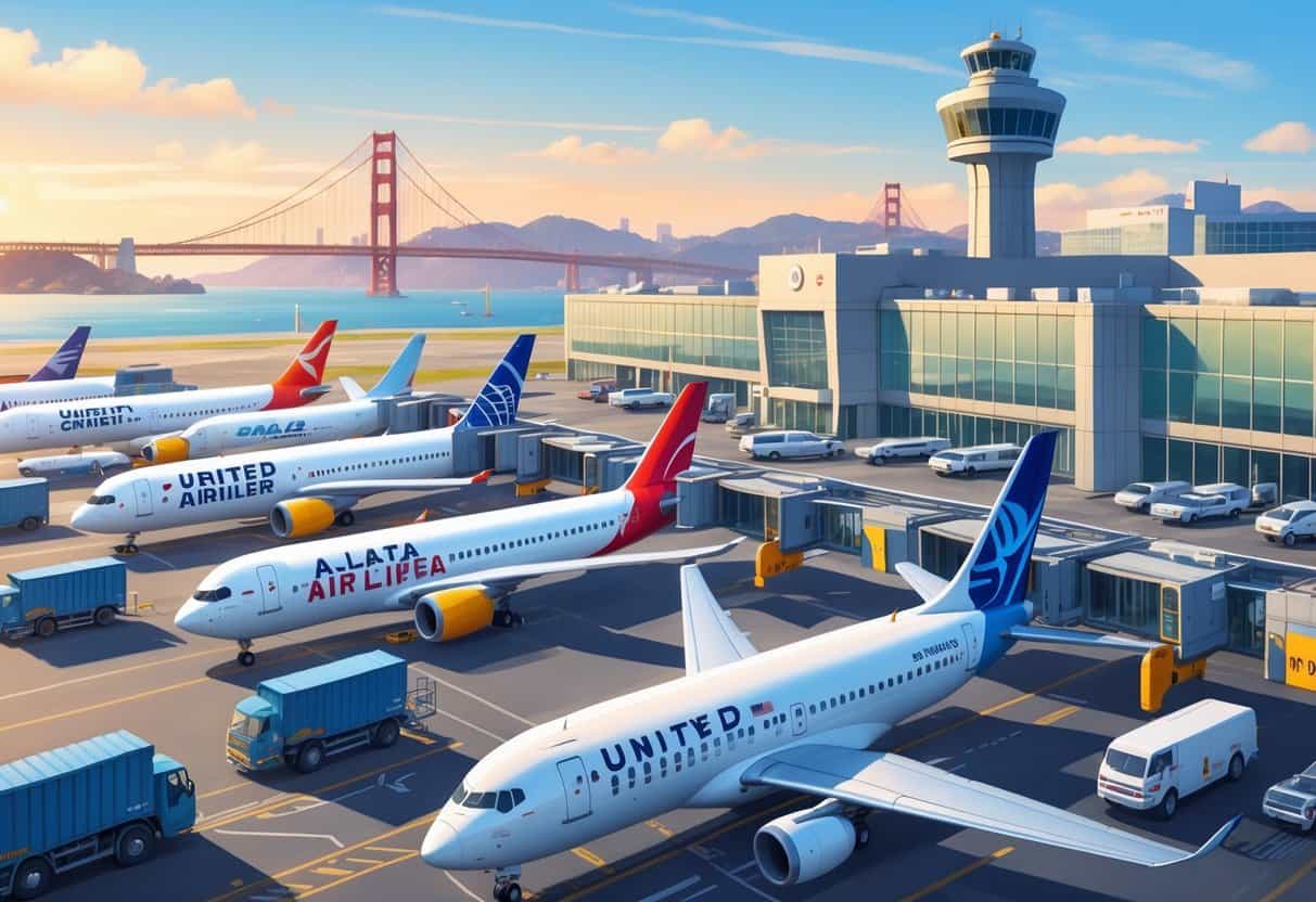 A busy airport scene with several airplanes from different airlines parked at gates, airport vehicles moving around, the terminal building and control tower visible, with the Golden Gate Bridge and San Francisco skyline in the background.
