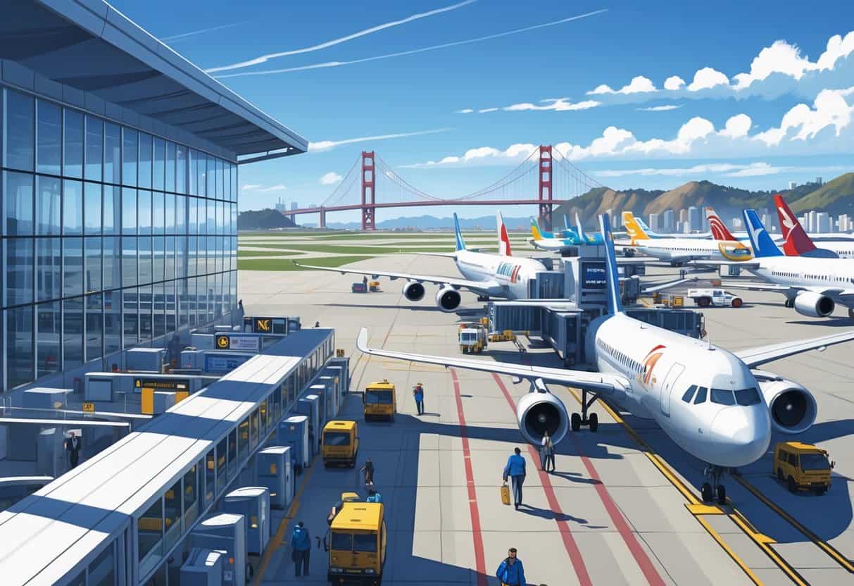 A busy airport scene showing airplanes from different airlines at San Francisco International Airport with the city skyline and Golden Gate Bridge in the background.
