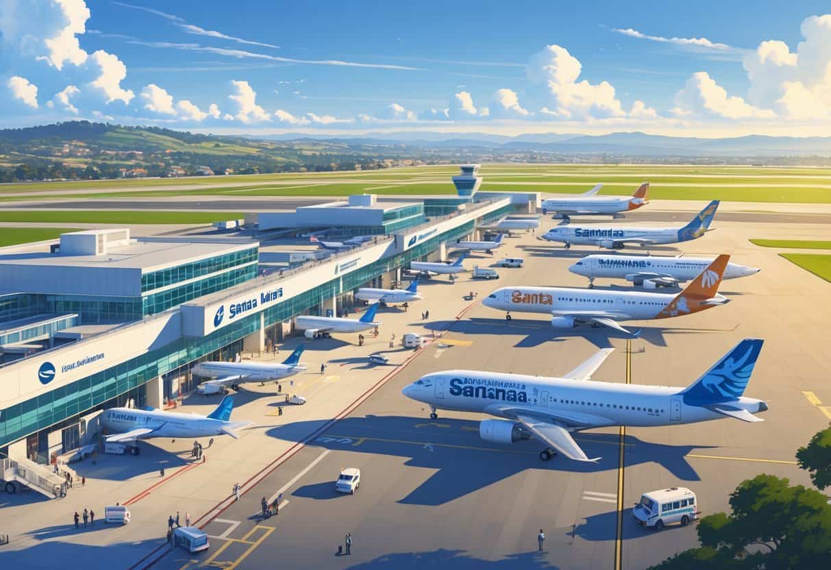 An airport scene showing airplanes from various airlines at gates and taxiways with passengers and staff around a modern terminal building at Santa Maria California Airport.