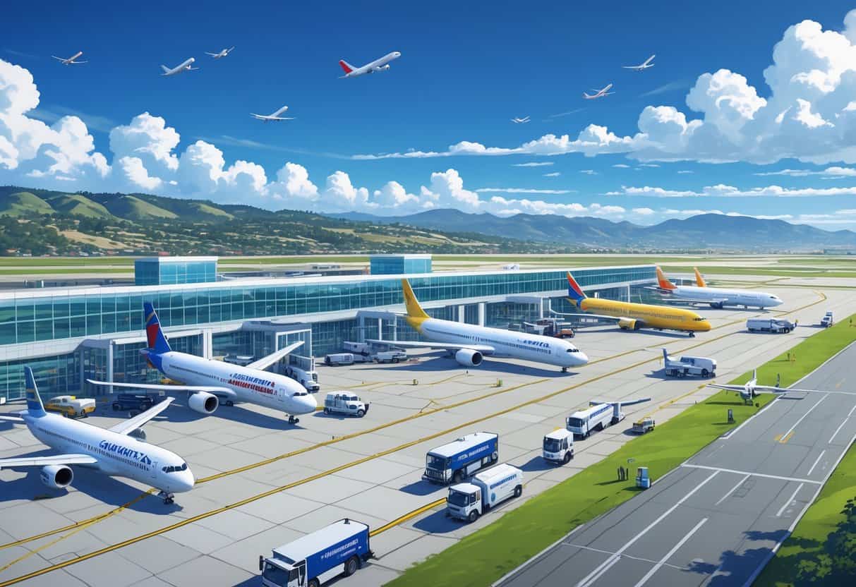 An airport terminal with several commercial airplanes parked and taxiing, airport ground vehicles and staff, with hills and greenery in the background.
