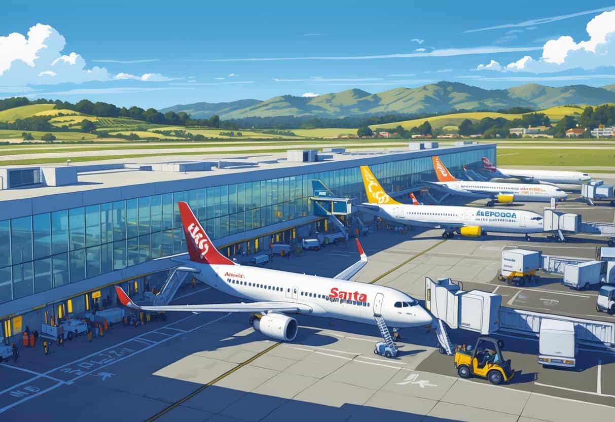 A busy airport terminal with airplanes parked at gates, surrounded by hills and vineyards under a clear sky.