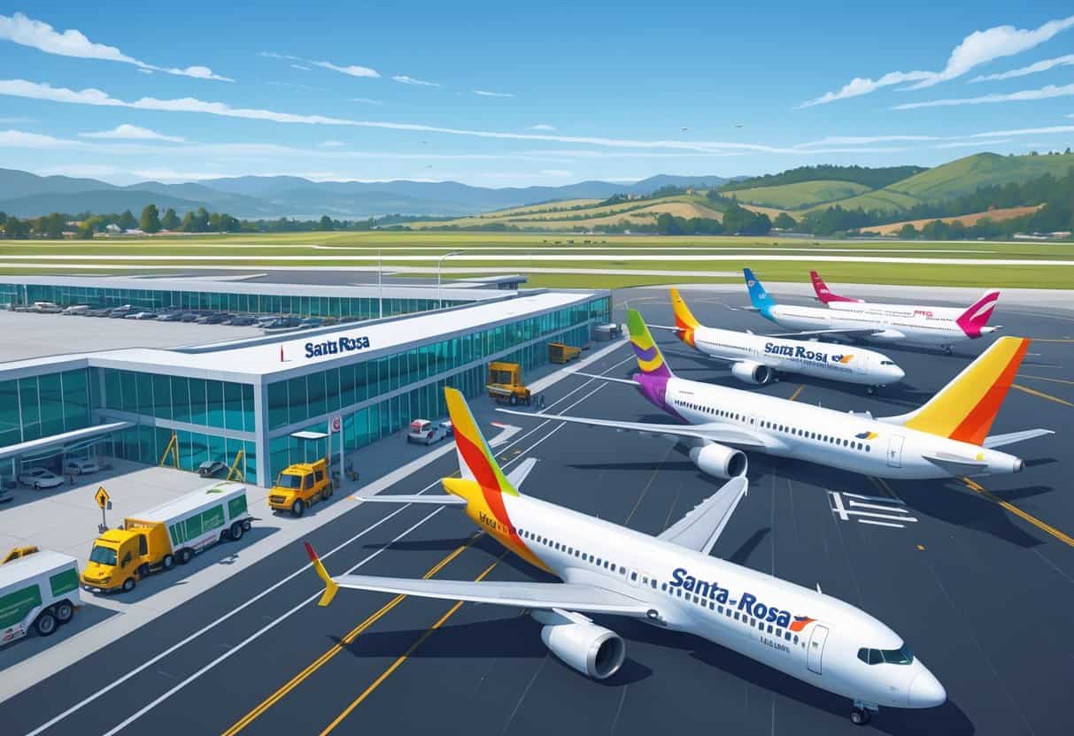 An airport scene showing airplanes from multiple airlines parked and taxiing at gates at Santa Rosa Airport, with a terminal building and hills in the background.
