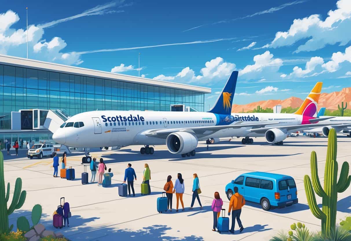 Airport scene at Scottsdale Arizona with airplanes from various airlines parked near the terminal and travelers moving around.