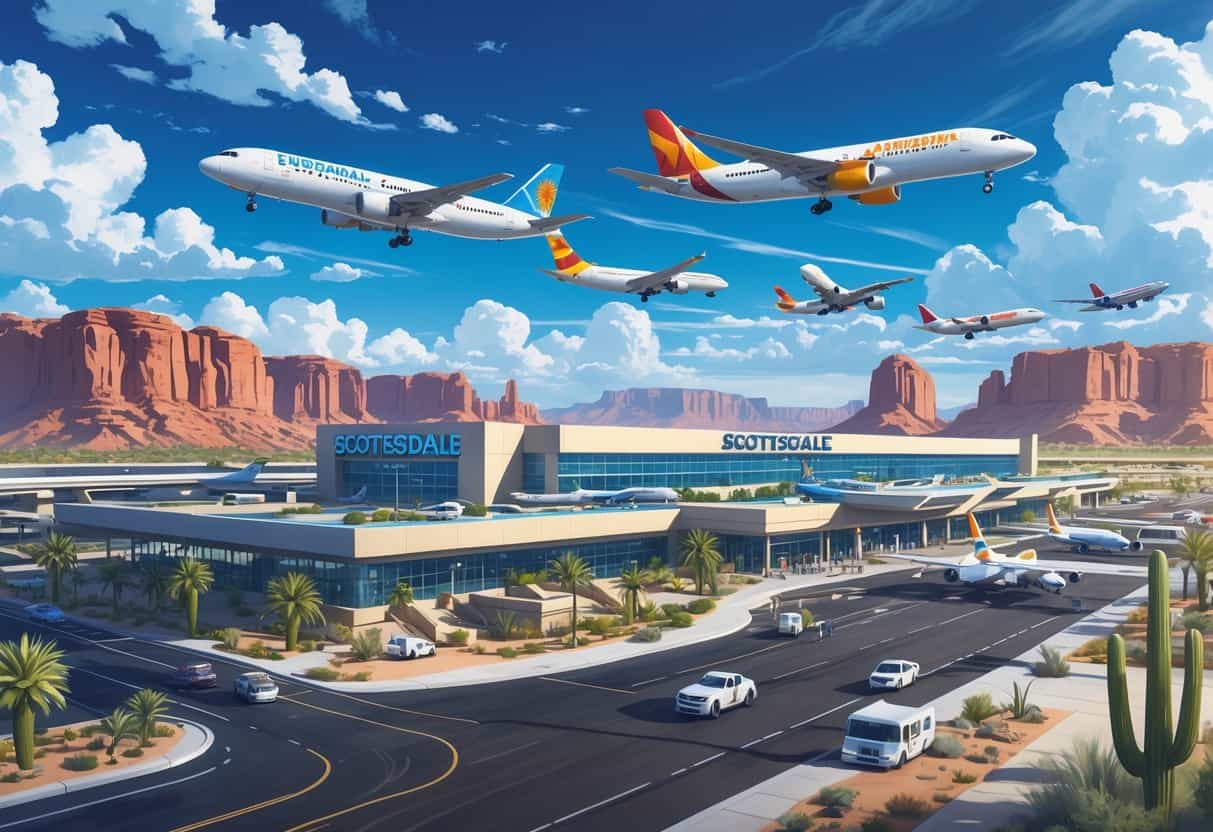 An airport terminal surrounded by desert plants with airplanes taxiing and taking off under a blue sky and red rock formations in the background.