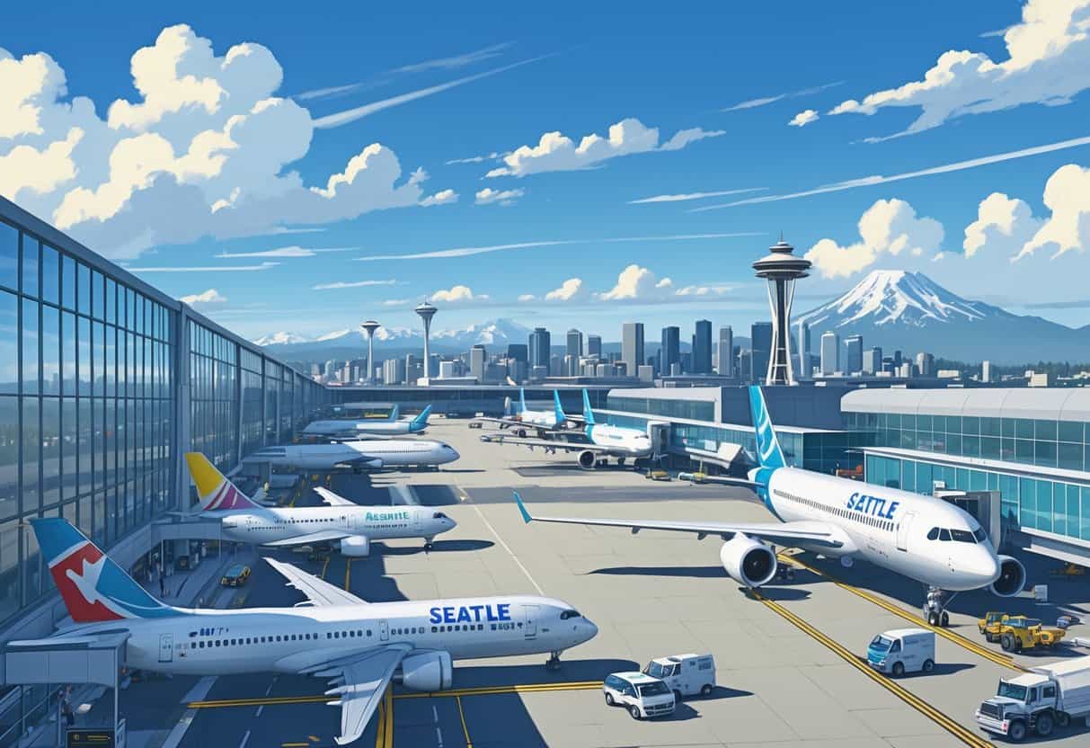 A busy airport scene at Seattle Washington Airport with airplanes at gates, the Seattle skyline including the Space Needle in the background, and airport vehicles and staff active on the tarmac.