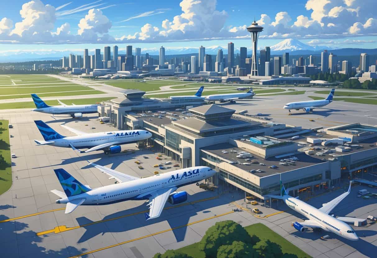 Aerial view of Seattle-Tacoma International Airport with airplanes at gates and runways, the Seattle skyline with the Space Needle, and Mount Rainier visible in the background.