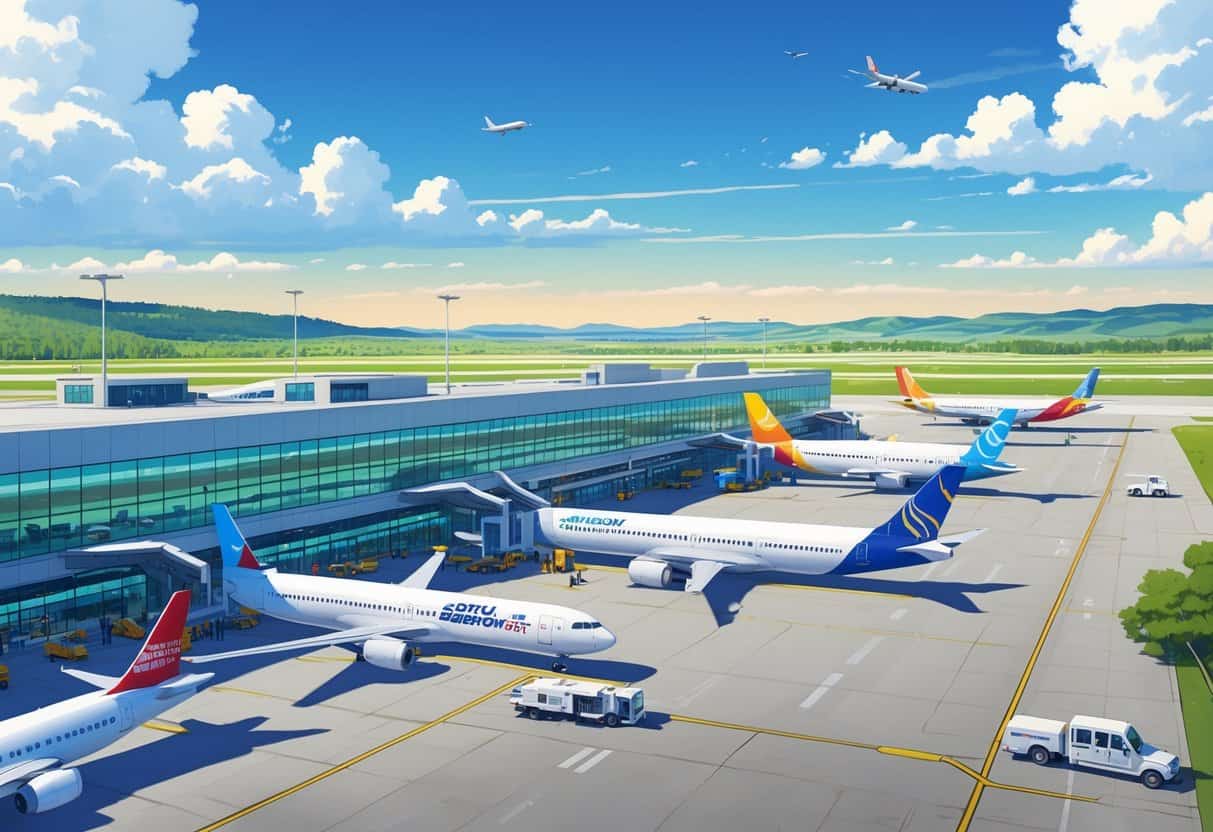 A busy airport scene at Sioux Falls South Dakota Airport with airplanes parked at gates, a plane taking off, and airport buildings surrounded by rolling hills.