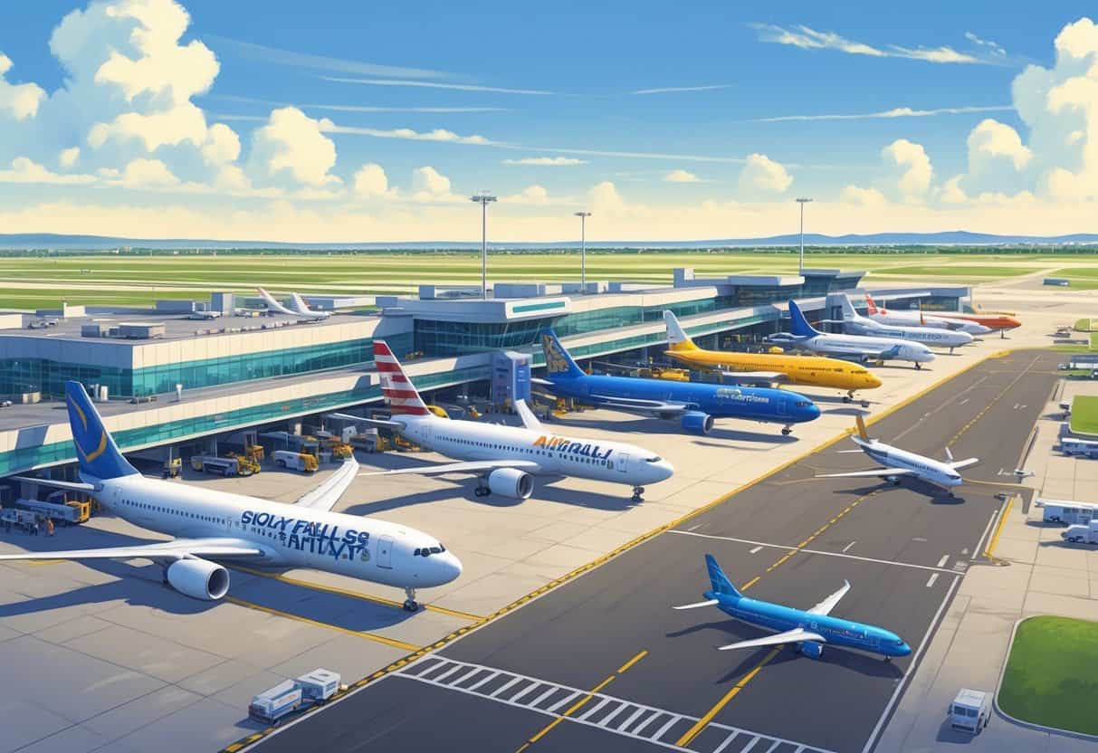 An airport terminal with several commercial airplanes from different airlines parked at gates and taxiing, showing a busy scene at Sioux Falls South Dakota Airport.