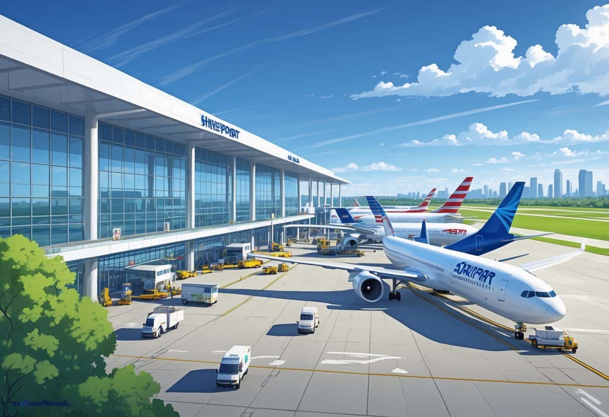 A busy airport scene showing airplanes from major airlines at gates and taxiways, a terminal building, ground vehicles, and a city skyline in the background.