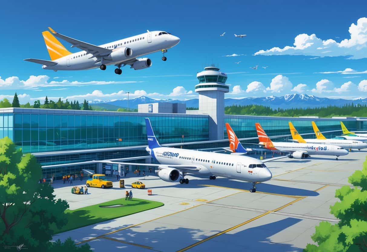 An airport scene showing an airplane taking off from Spokane Washington Airport with the terminal, control tower, parked planes, travelers, trees, and mountains in the background.