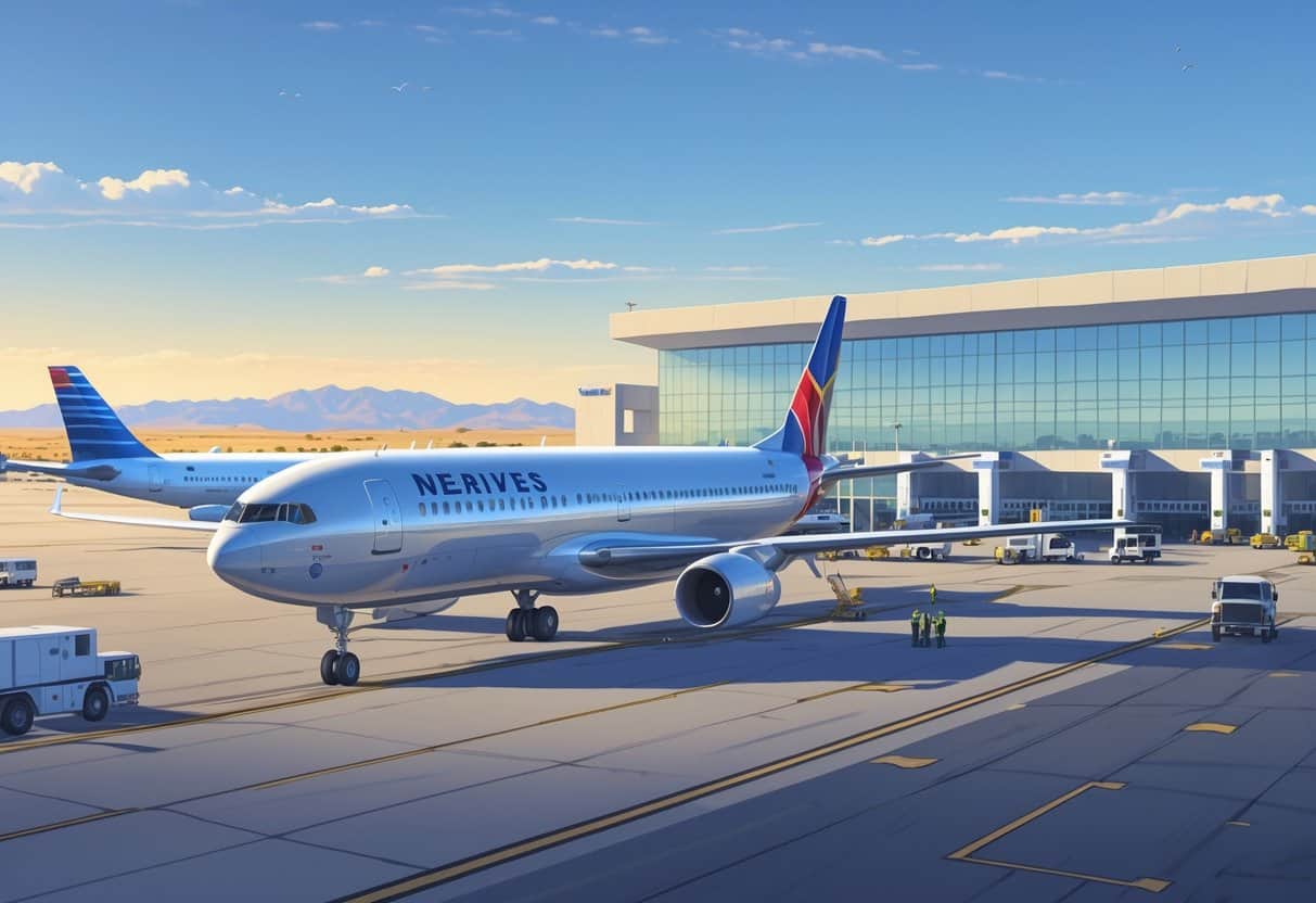 An airport scene showing airplanes from major airlines at Sparks Nevada Airport with mountains in the background.