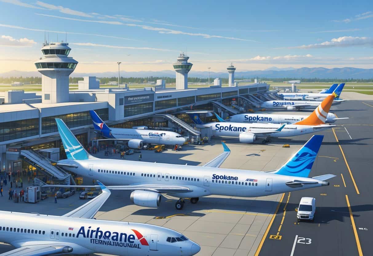 A busy Spokane International Airport with multiple commercial airplanes parked at gates and passengers moving around the terminal.