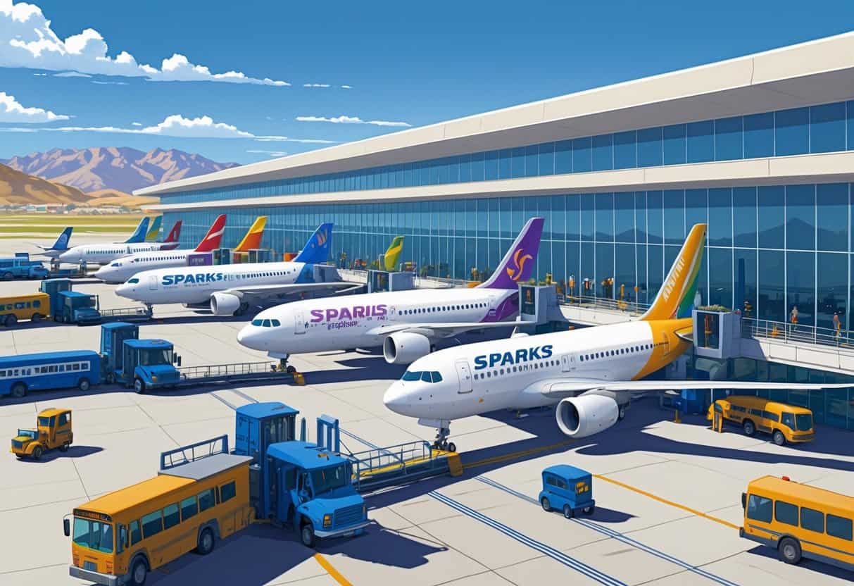 An airport terminal in Sparks, Nevada with multiple airplanes from different airlines parked at gates, surrounded by ground service vehicles and passengers, with mountains in the background.