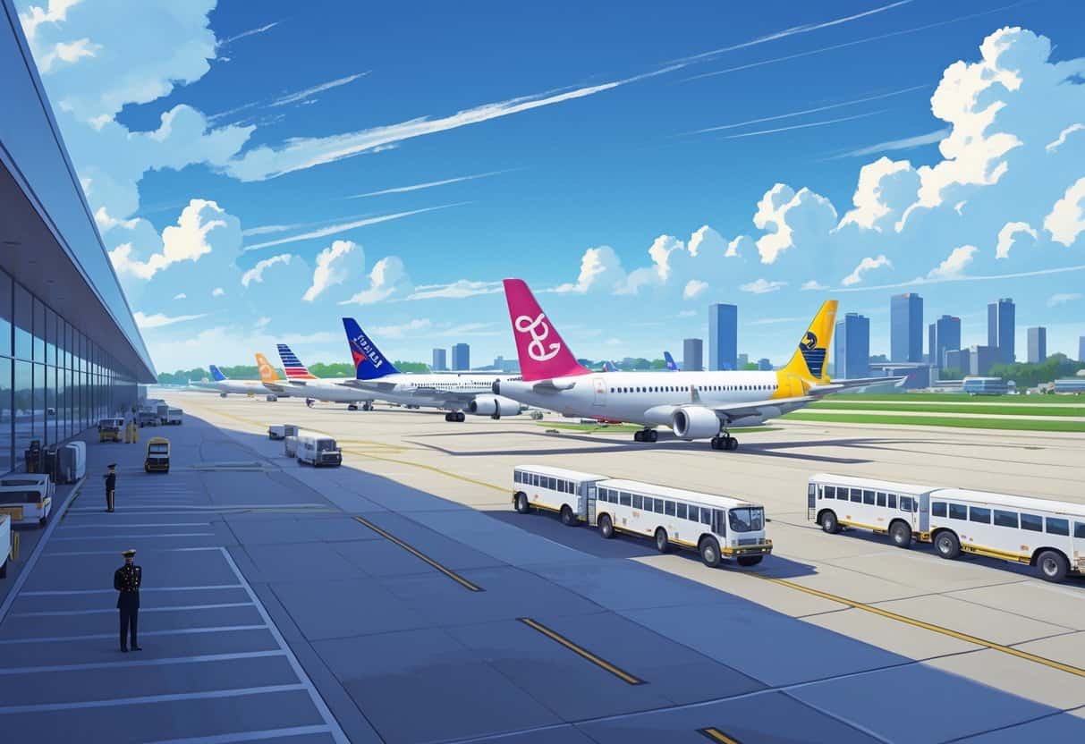 An airport scene showing several commercial airplanes on the runway and near the terminal with airport staff and vehicles, set against a clear sky and city skyline.