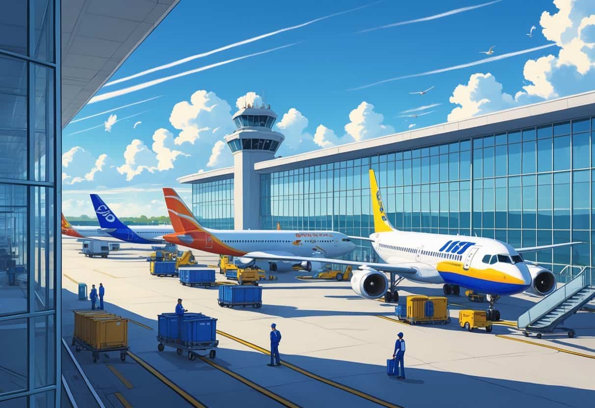 An airport terminal with airplanes from various airlines parked at gates, ground crew working, and a control tower in the background under a blue sky.