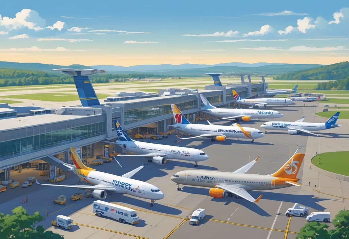 Overview of several commercial airplanes from different airlines at Springfield-Branson National Airport with airport terminal, runway, and surrounding landscape visible.