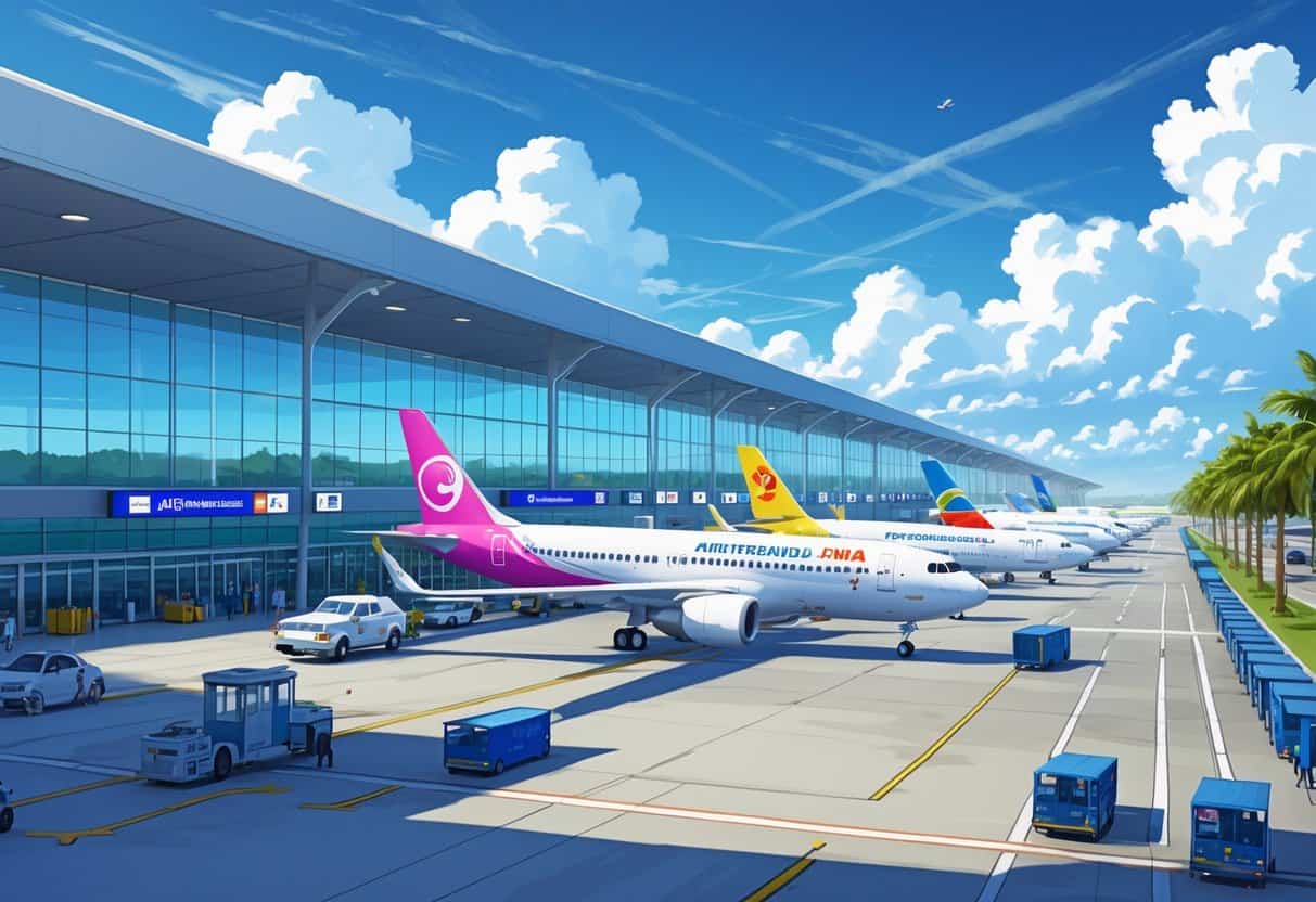 A busy airport scene showing airplanes parked at gates, a modern terminal building, palm trees nearby, and clear skies.