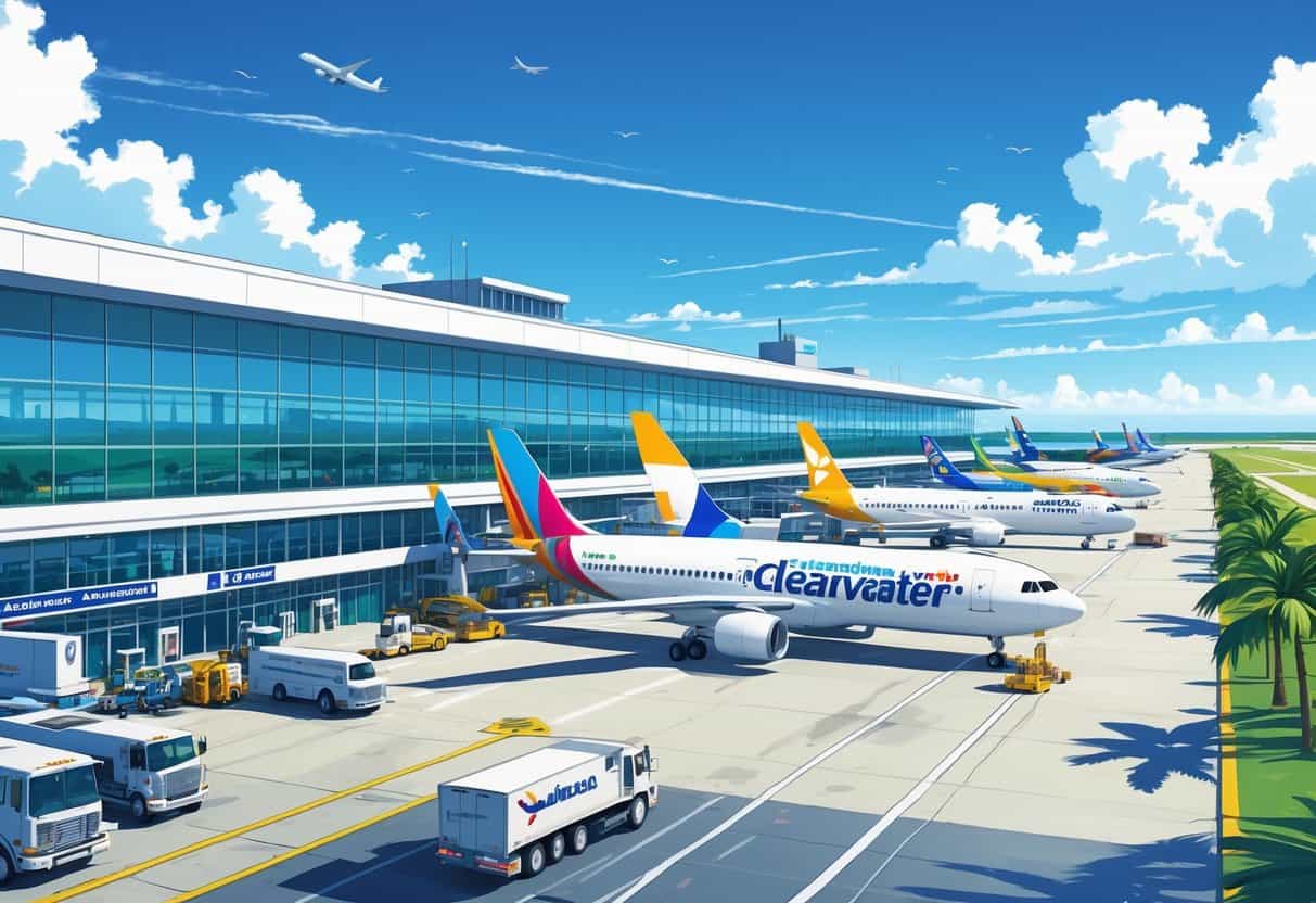 A busy airport terminal with airplanes from different airlines parked at gates, palm trees nearby, and a clear sky above, showing an active scene at a Florida airport.