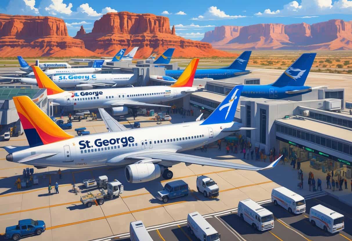 A busy airport scene at St. George Utah Airport with several commercial airplanes on the runway and passengers walking near the terminal, set against red rock formations and a clear sky.