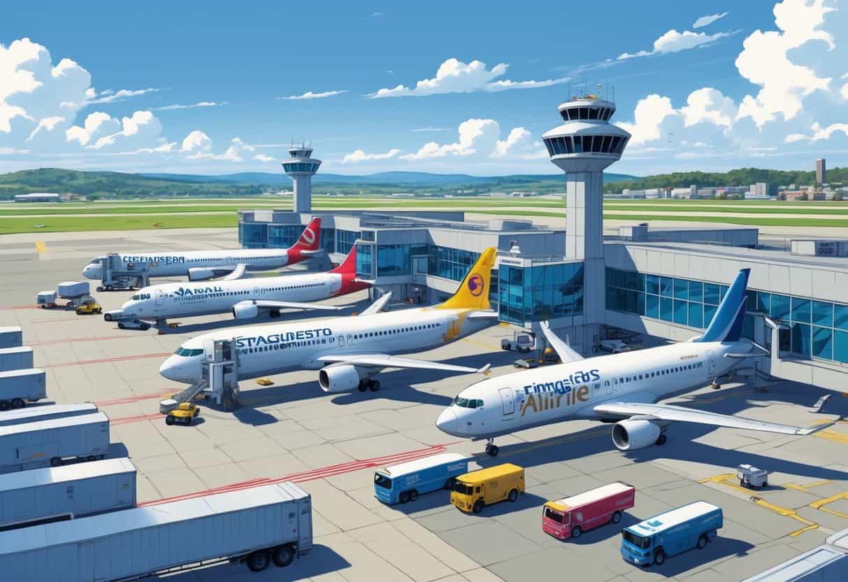 An airport terminal with multiple airplanes from different airlines parked at gates, ground service vehicles on the tarmac, and a control tower in the background with hills and buildings beyond.