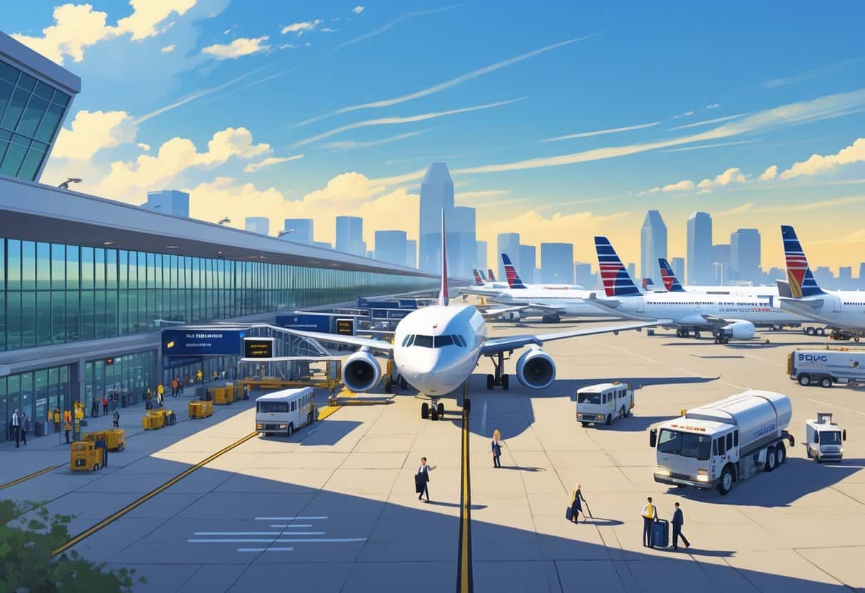 A busy airport scene at St. Louis Missouri Airport with airplanes parked at gates, airport staff and passengers moving around, and the city skyline with the Gateway Arch in the background.