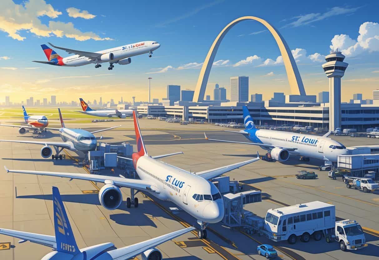An airport scene at St. Louis Missouri Airport showing airplanes on runways with the Gateway Arch visible in the background.