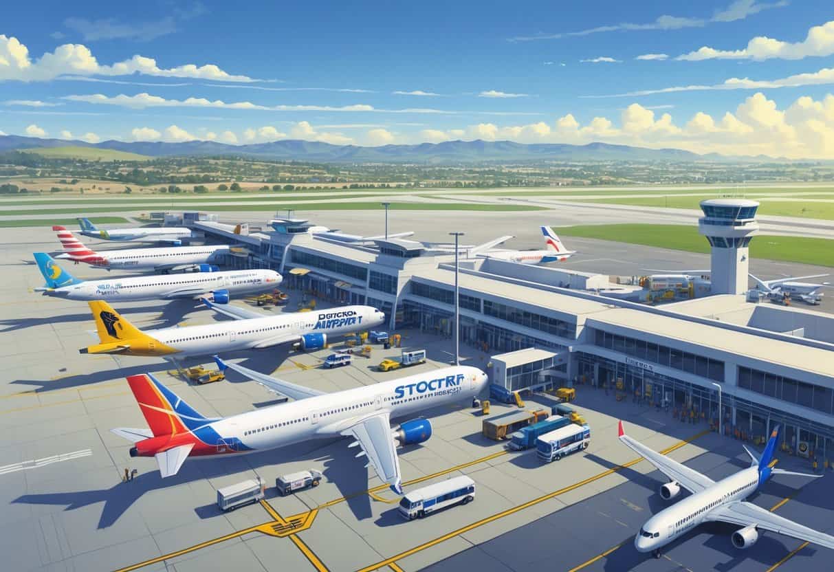An airport terminal with several airplanes from different airlines parked at gates, surrounded by ground service vehicles and a control tower under a blue sky.