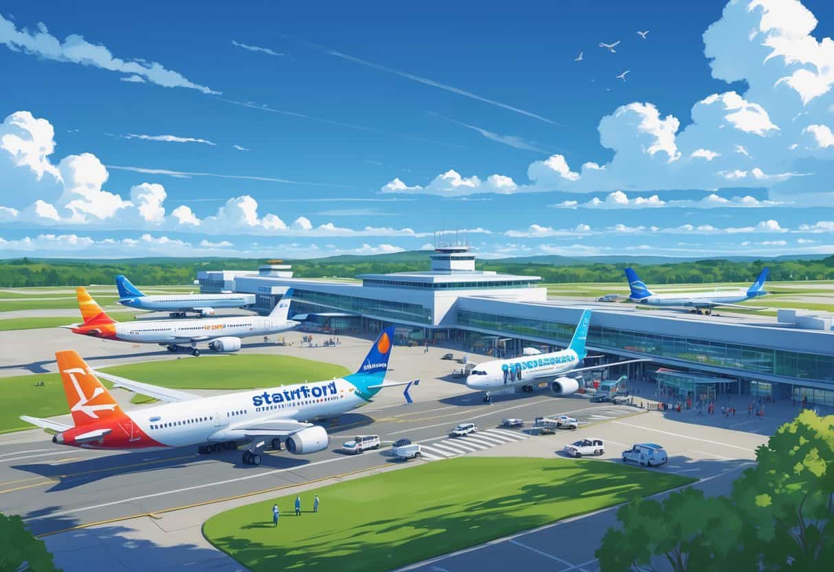 An airport scene showing several commercial airplanes on the runway and a modern terminal building with passengers and staff during the day.