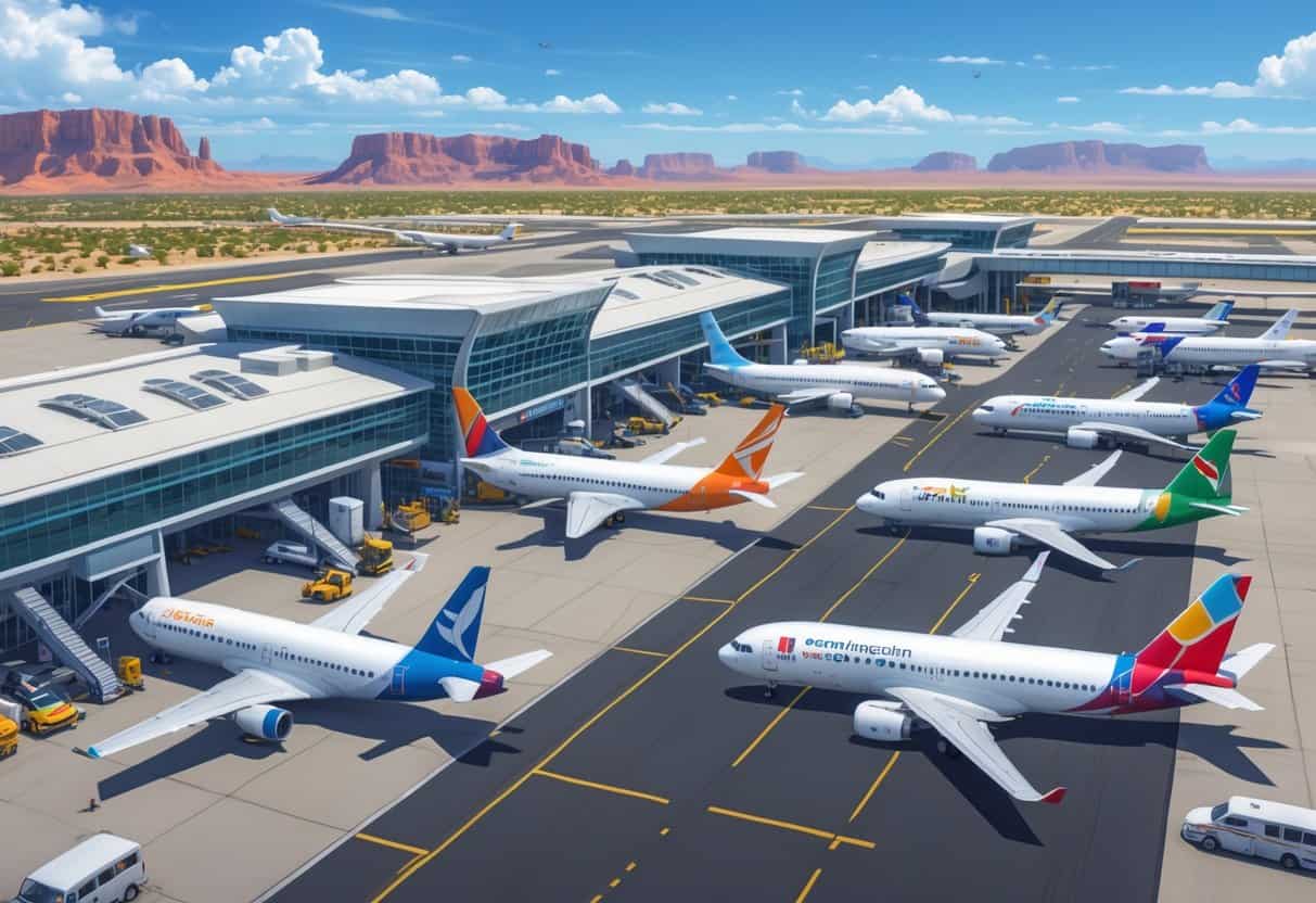Airport terminal with multiple airplanes from different airlines parked and taxiing, set against a desert landscape with cacti and clear blue sky.