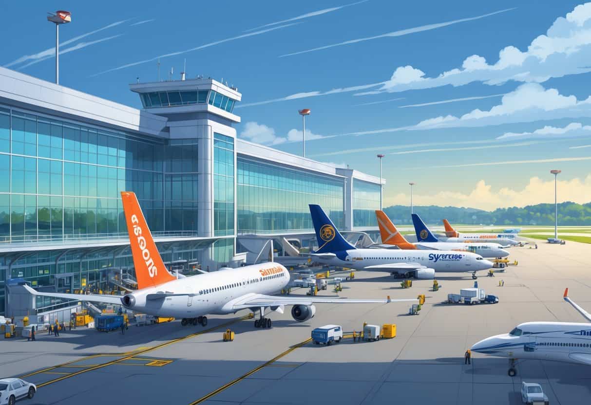 A busy airport scene at Syracuse New York Airport with airplanes parked at gates, passengers and staff moving around, and a clear sky in the background.
