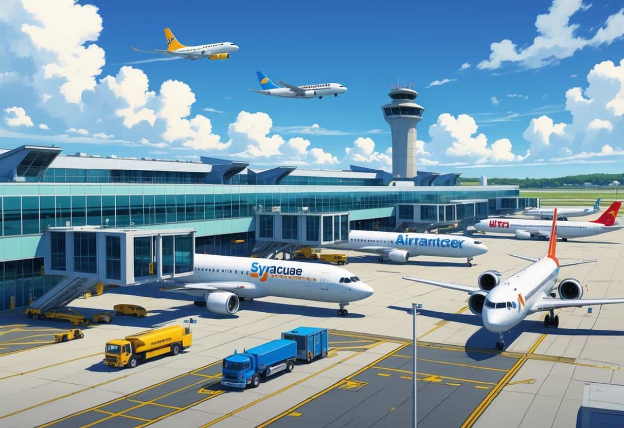 Overview of an airport terminal with several airplanes from different airlines parked at gates, ground service vehicles, and an airport control tower in the background.